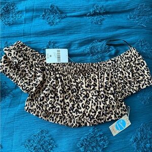 Forever 21 Beige and Black Leopard Print Off-Shoulder Crop Top